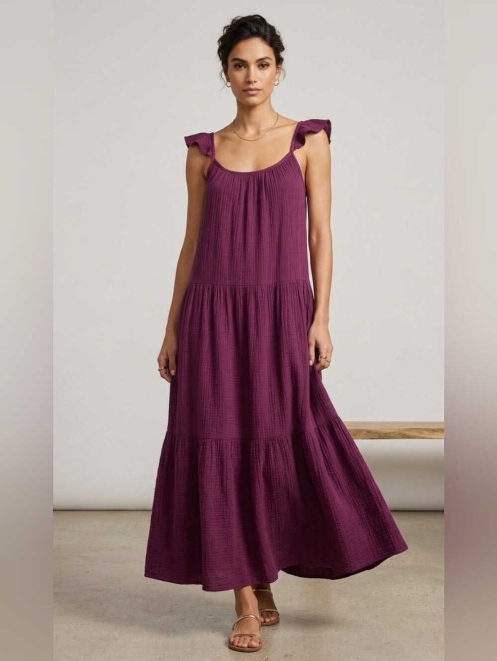 Banana Republic Plum Ruffle-Shoulder Tiered Maxi Dress